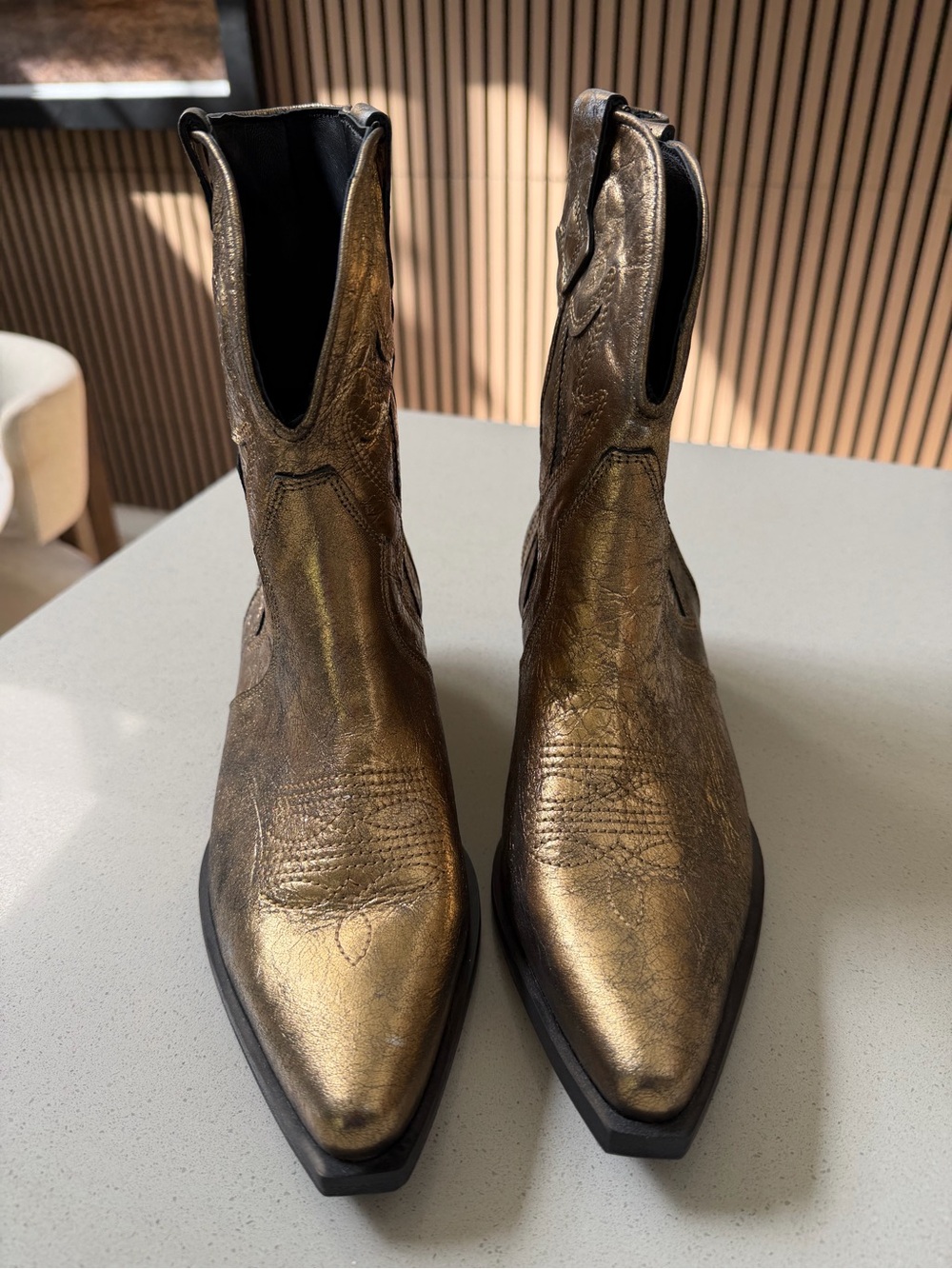 Free people Metallic Gold Pointed-Toe Western Ankle Boots - Women